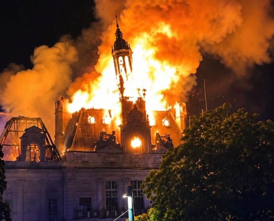 Flames engulfing the town hall of Limoges on the night of Oct. 17, 2026